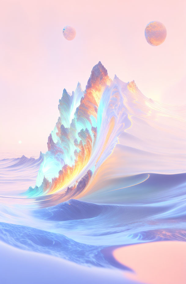 Surreal pastel-toned artwork: Wave with fiery core against serene sky