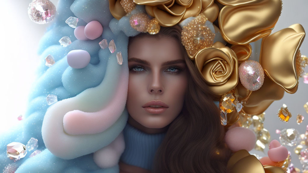 Digital Artwork: Woman with Vibrant Blue Eyes and Floral Accents