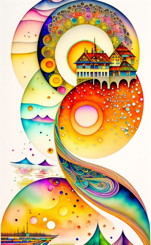 Colorful abstract artwork with spiraling pattern and landscape elements