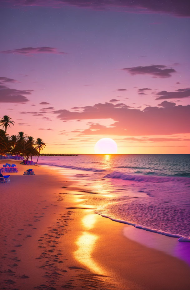 Vibrant pink and purple beach sunset with palm tree silhouettes