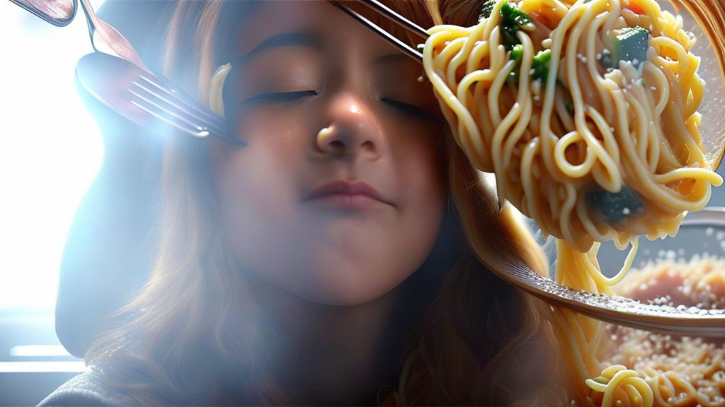 Person enjoying aroma of steaming spaghetti forkful.