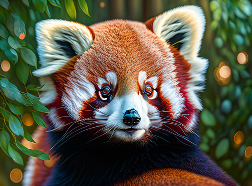 Red panda with distinctive facial markings in lush forest setting