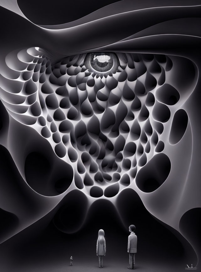 Abstract surreal black-and-white wall with giant eye and patterned holes viewed by two people