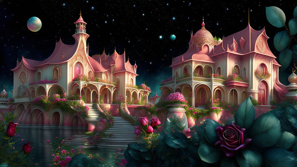 Palace with pink and gold hues in lush greenery under starry night sky