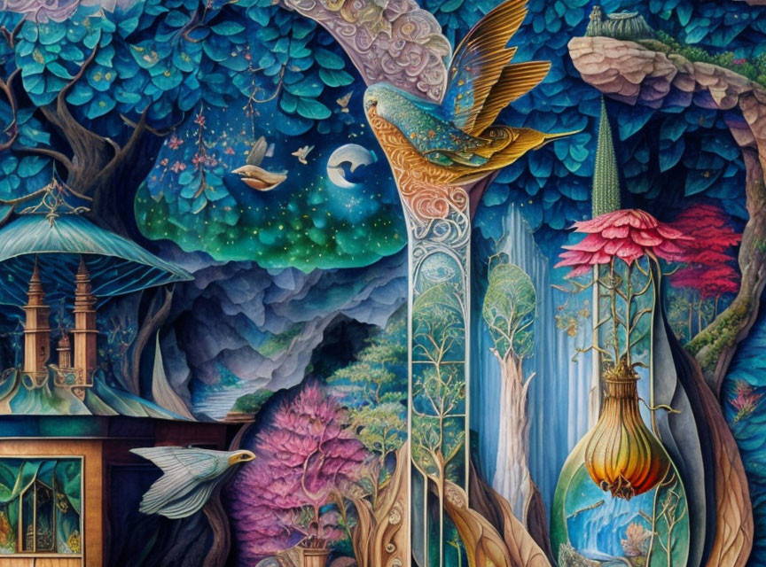 Detailed fantasy illustration: Birds in flight among whimsical trees and blossoms