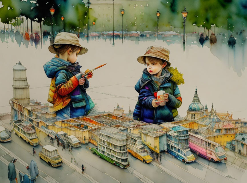 Children in colorful jackets and hats exploring miniature cityscape with airplane