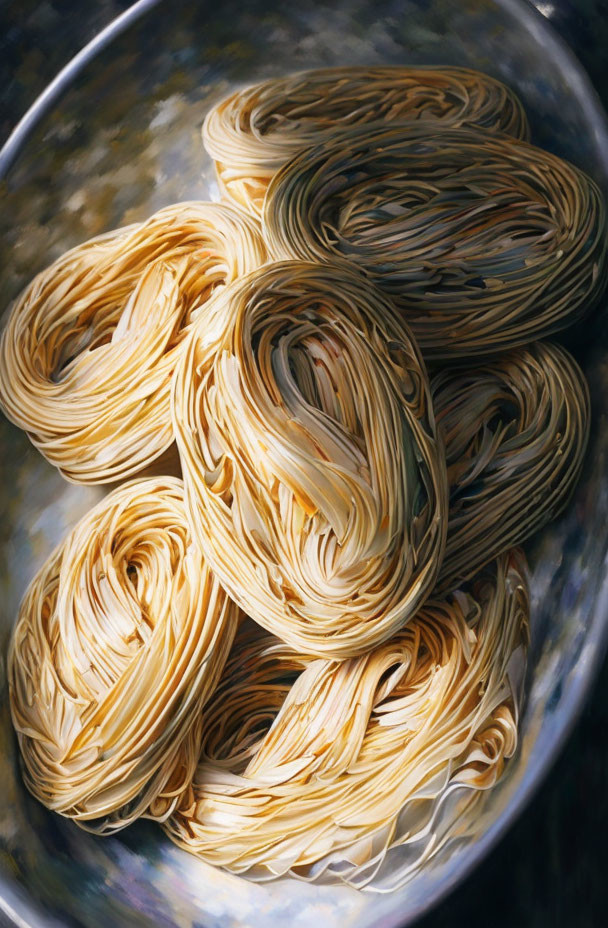 Neatly arranged raw pasta nests in rustic metal bowl