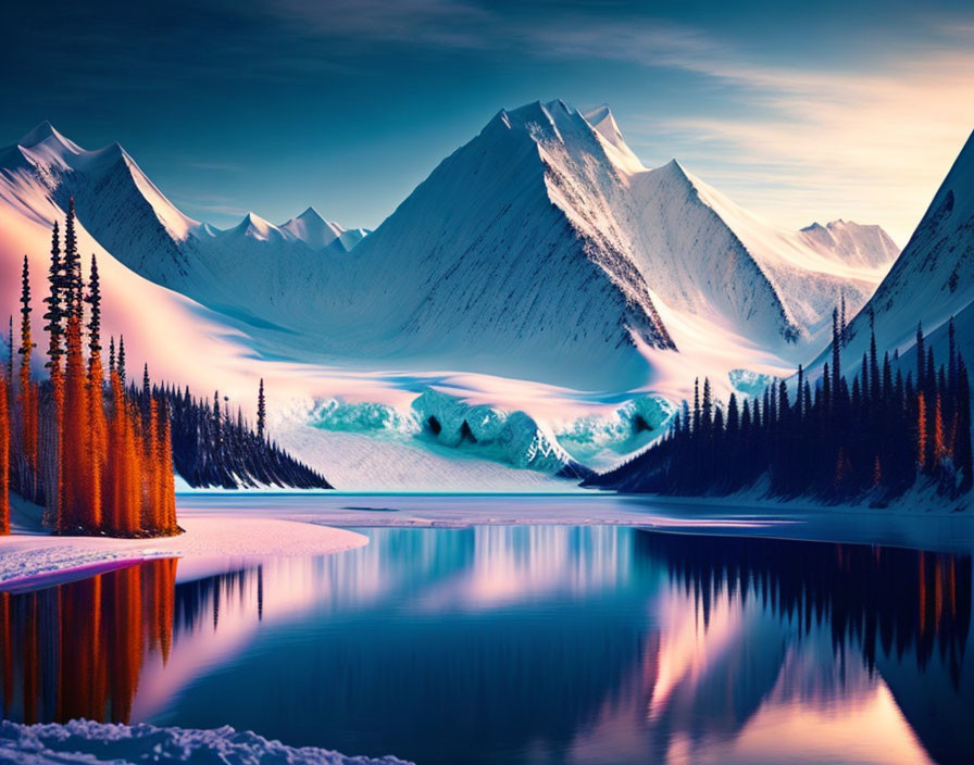 Snow-capped mountain peaks, reflective lake, and twilight sky in serene landscape