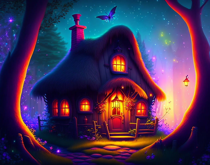 Enchanting Thatched Cottage in Twilight Forest with Flowers and Butterfly