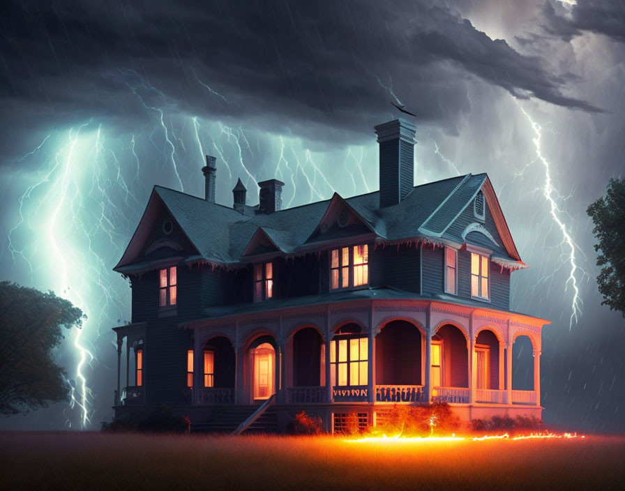 Victorian house at night with illuminated windows in stormy sky