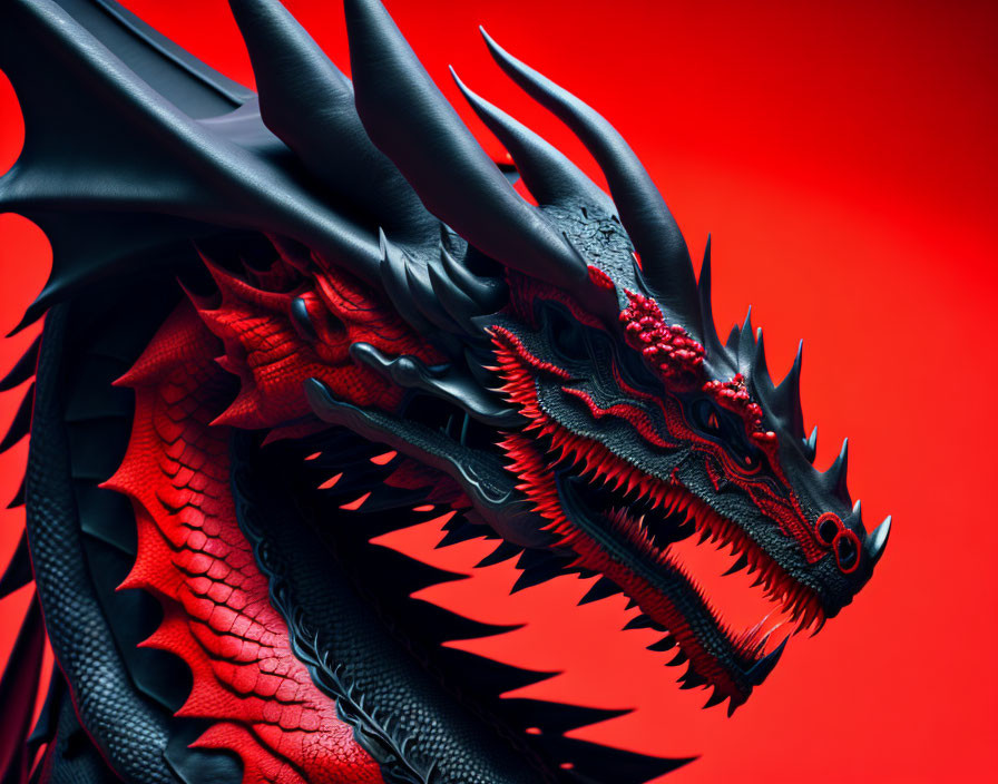 Detailed 3D Rendering of Red Dragon with Sharp Scales and Horns