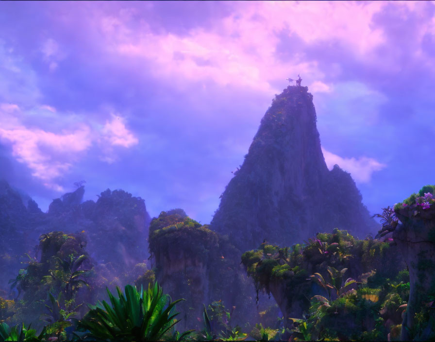 Misty mountains under purple sky with lush greenery & solitary structure