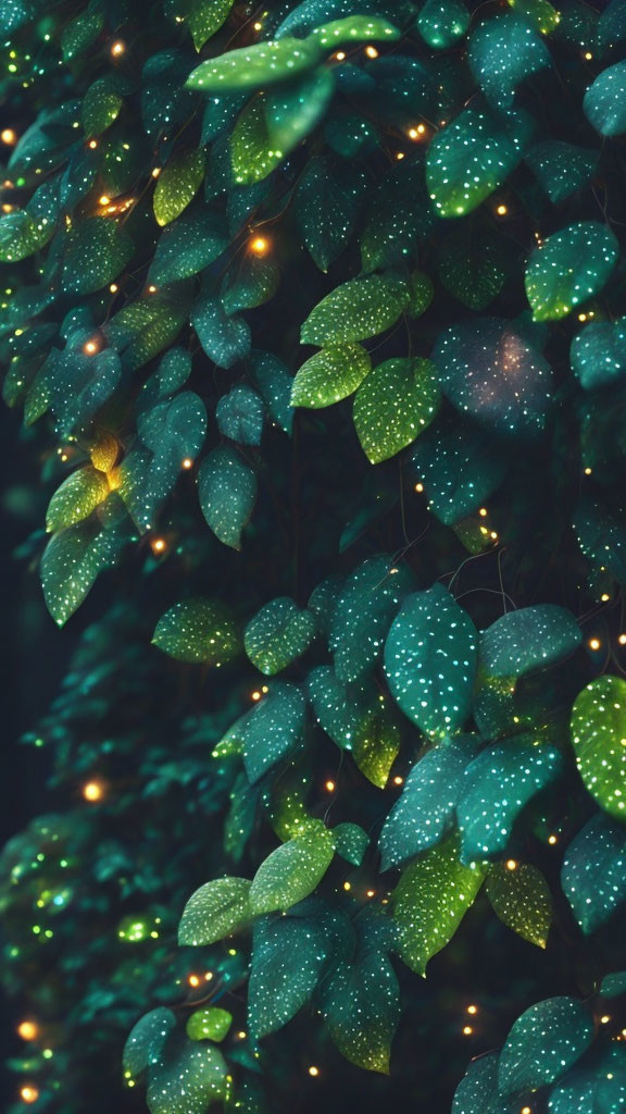 Nighttime scene: Green leaves with dewdrops and glowing lights.