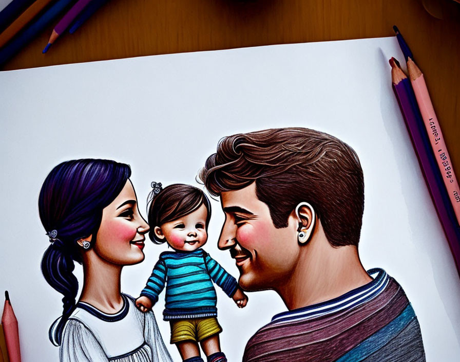 Vibrant family portrait with baby and pencils on wood surface