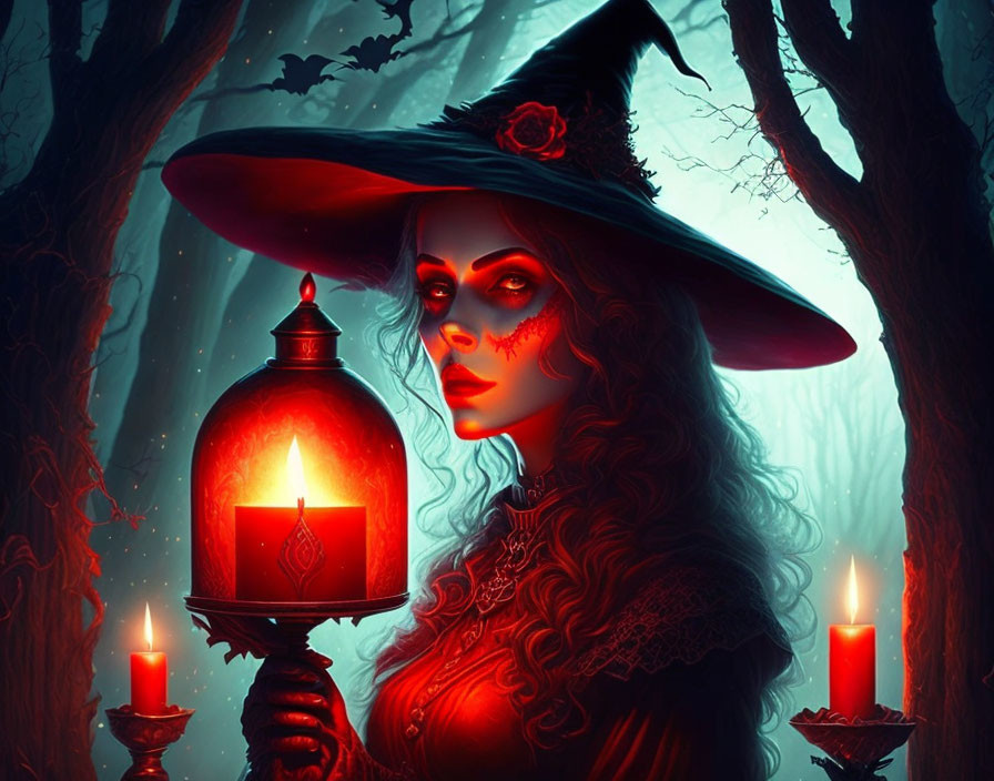 Pale-skinned witch with lantern in eerie forest lit by red light.