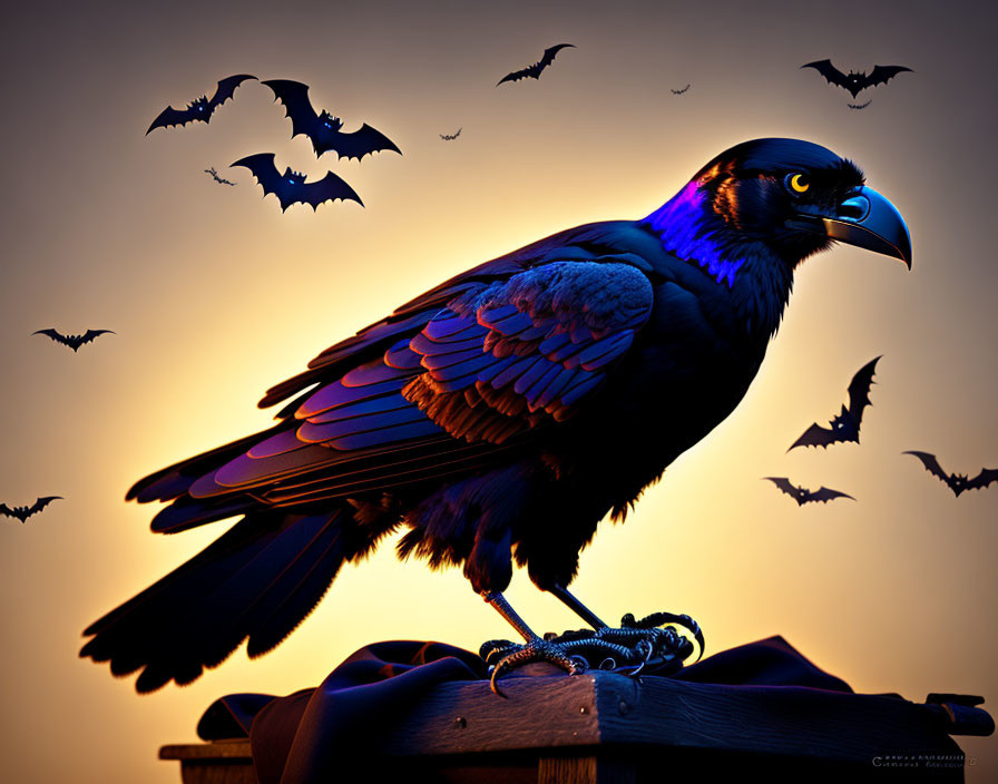 Raven perched on wooden structure with bats silhouettes at sunset