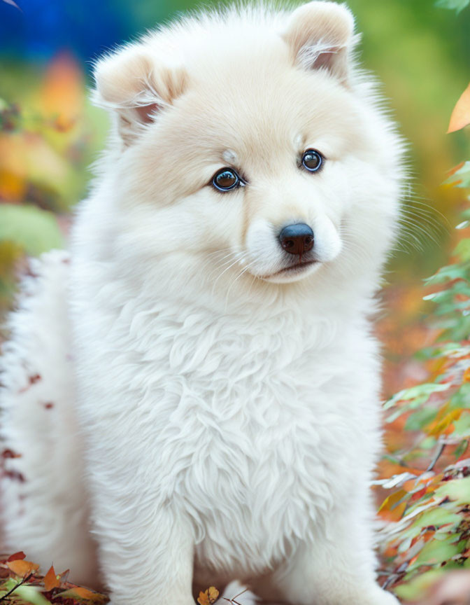 Fluffy White Pomeranian Puppy in Autumn Leaves