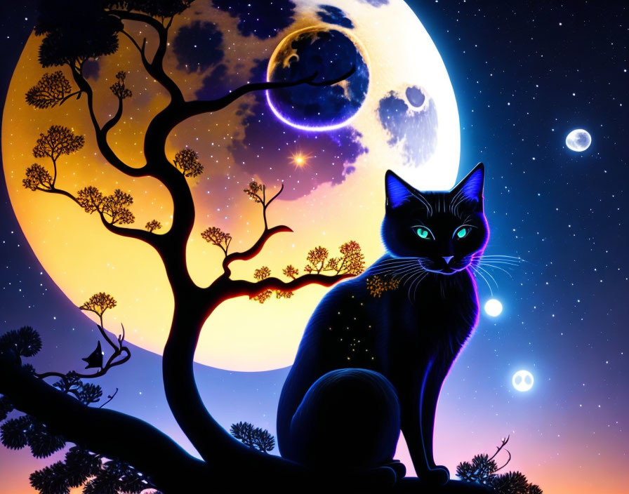 Black cat under tree on starry night with large moon