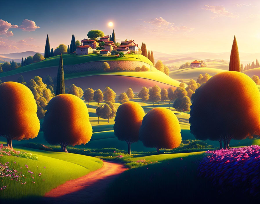 Colorful sunset landscape with rolling hills, trees, winding path, and hilltop house.