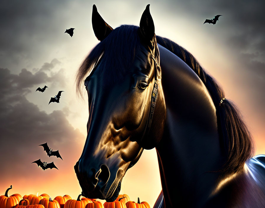 Black horse in sunset with bats and pumpkins