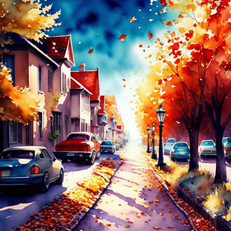 Colorful Autumn Street Scene with Trees and Cars