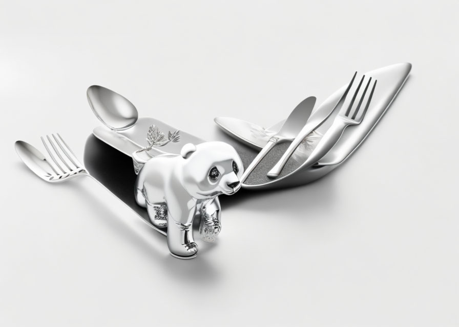 Shiny 3D Illustrated Polar Bear Cub with Silver Cutlery on White Surface