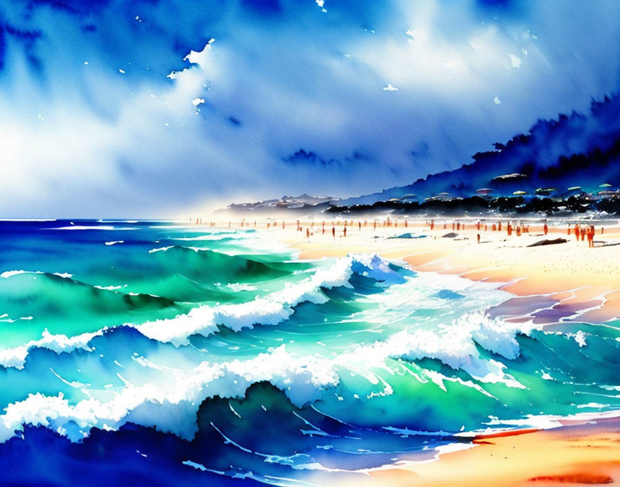 Scenic watercolor of a beach with blue waves and figures under a cloud-streaked sky