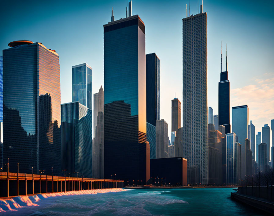 Modern city skyline reflected in calm river at dawn or dusk