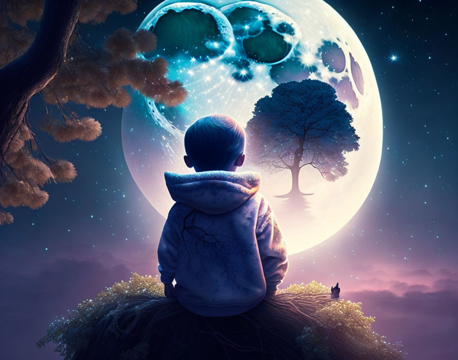 Child on Hill Gazes at Surreal Moon and Whimsical Night Sky