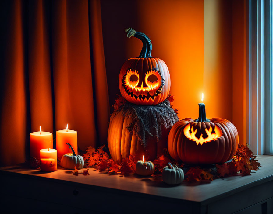 Carved Pumpkins and Autumn Leaves on Table with Glowing Candles