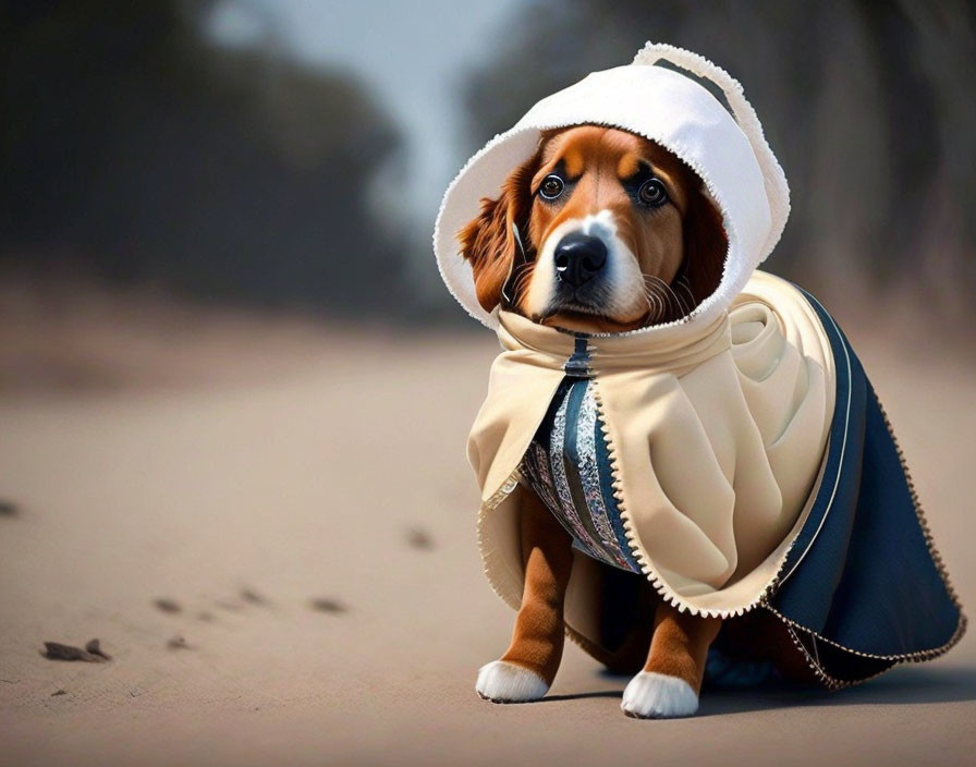 Small Dog Wearing Stylish Outfit on Sandy Surface