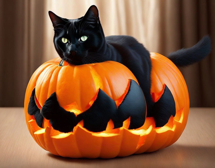 Black Cat Relaxing on Carved Jack-o'-lantern with Wooden Background