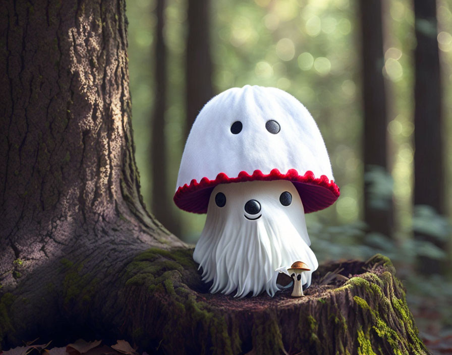 White-capped mushroom character on tree stump in forest