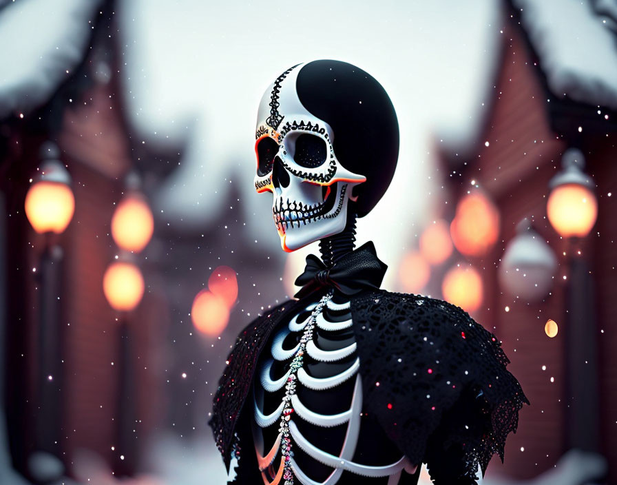 Stylized skeleton in snowy setting with red lanterns and traditional buildings