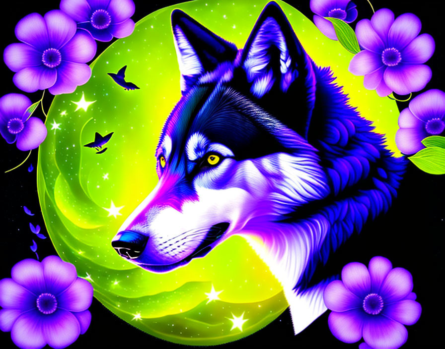 Colorful Wolf Head Profile with Neon Moon and Birds in Floral Scene