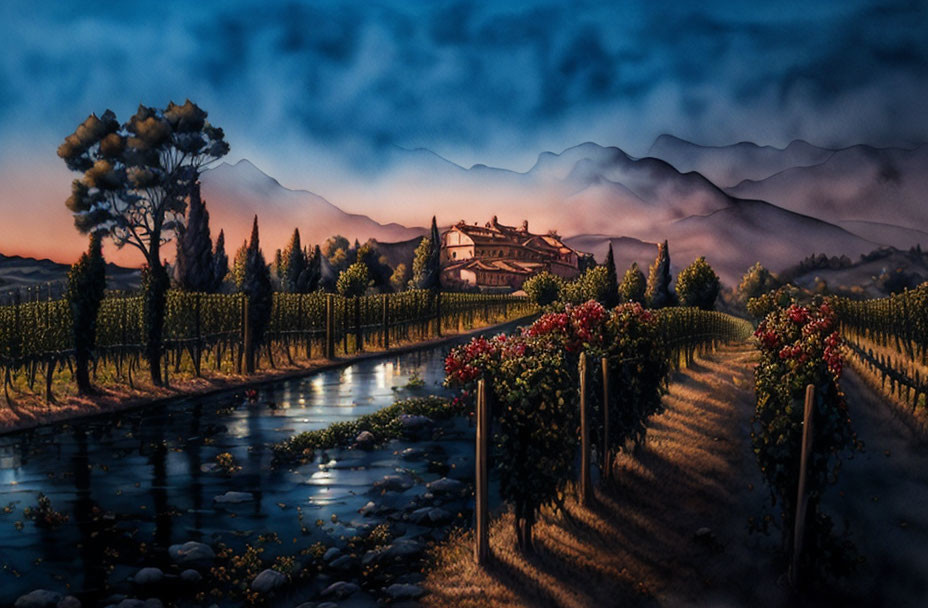 Vineyard at Dusk: Grapevines, Stream, House, Mountains in Mist