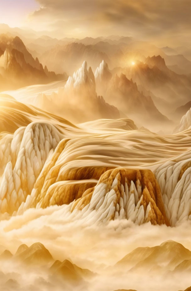 Surreal landscape with flowing dunes and jagged mountains in golden haze