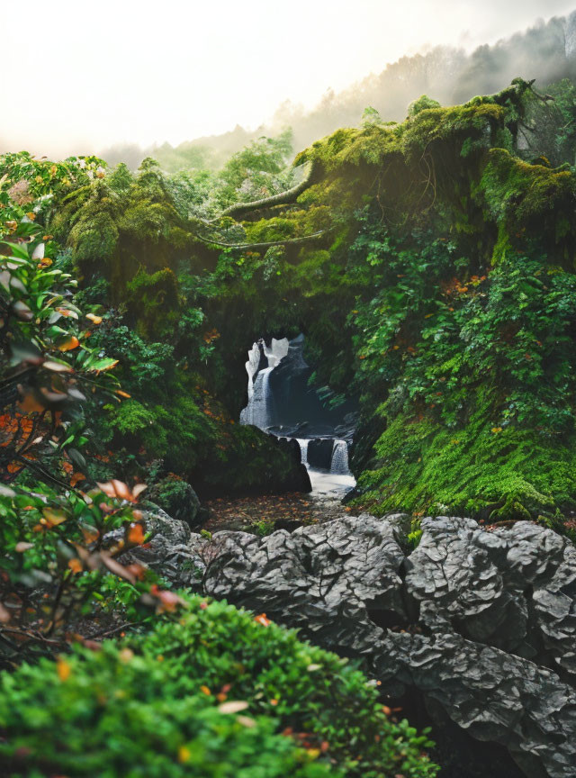 Tranquil forest waterfall with lush greenery