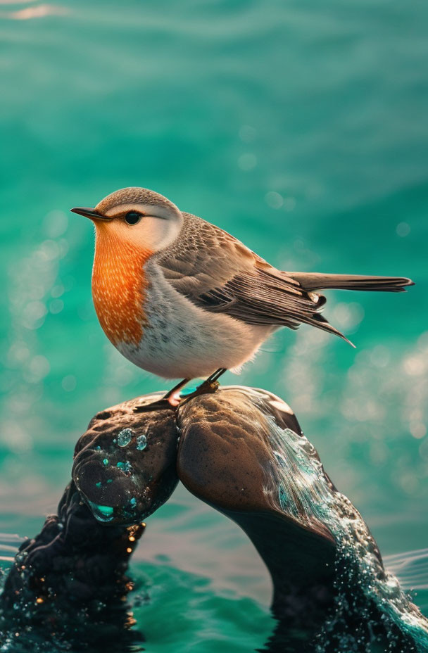 Orange-Breasted Bird Perched on Wet Rock in Turquoise Waters