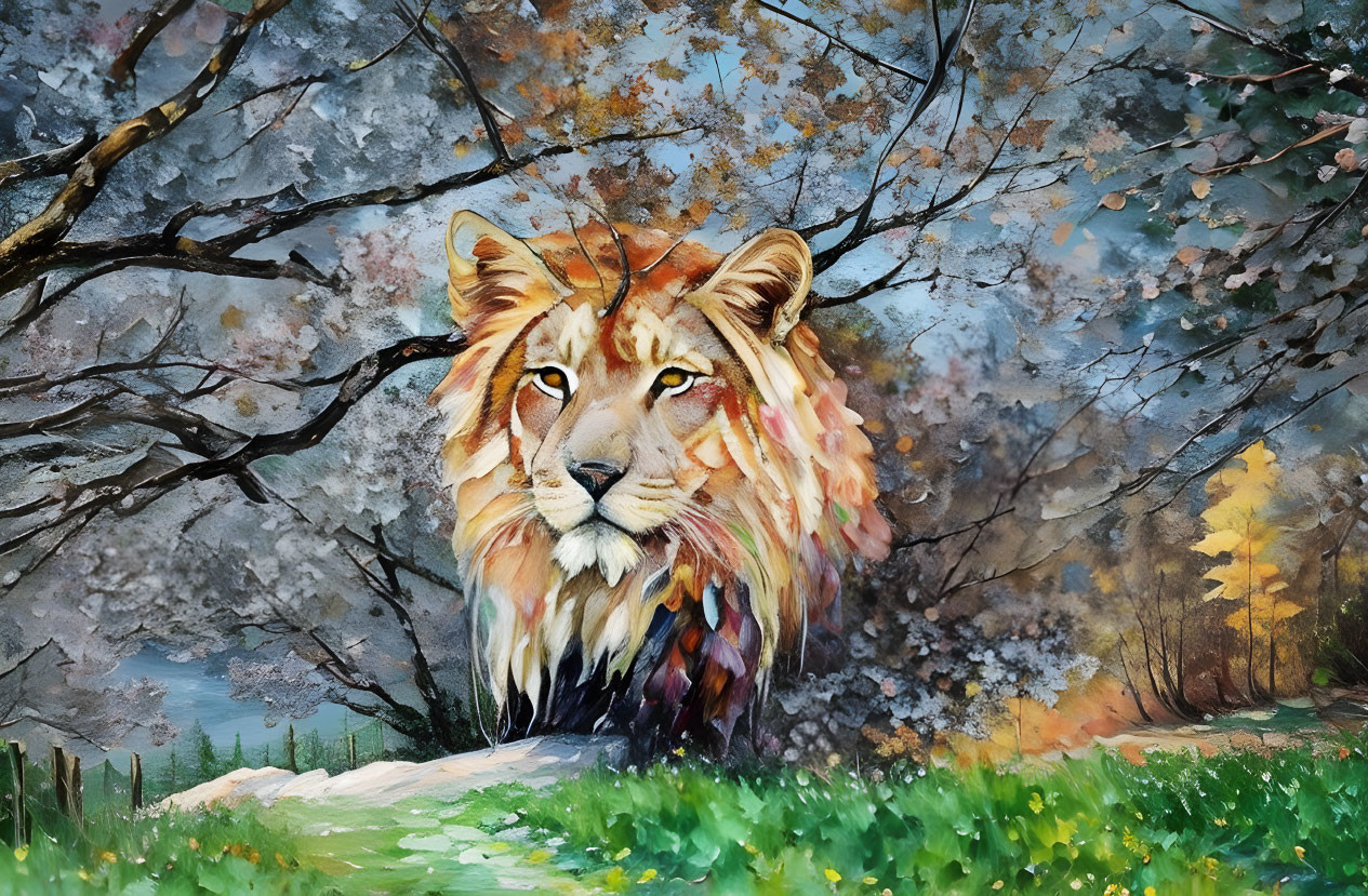 Colorful lion painting in whimsical landscape