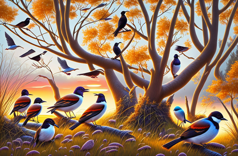 Birds in golden foliage at dusk - serene nature scene