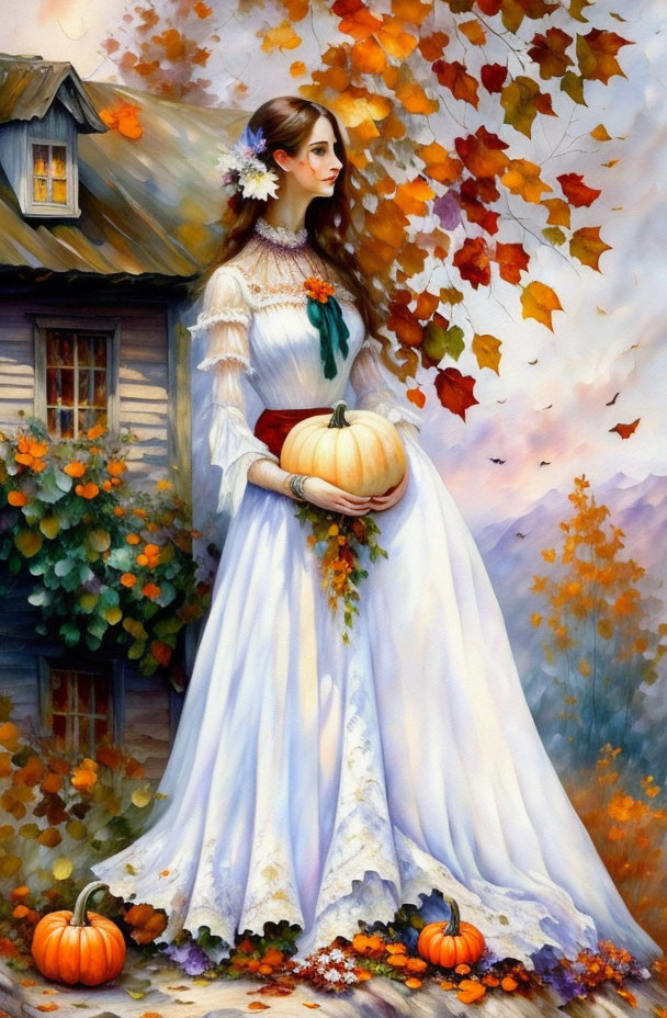 Woman in white dress with pumpkins and autumn scenery.