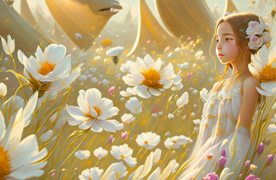 Young girl in white dress surrounded by blooming daisies in golden light