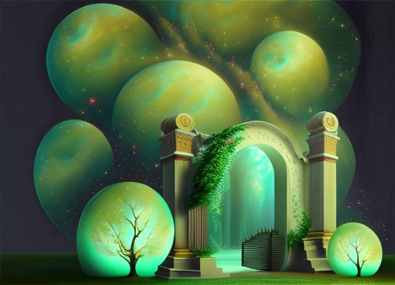 Ethereal archway with ivy under glowing green orbs and trees