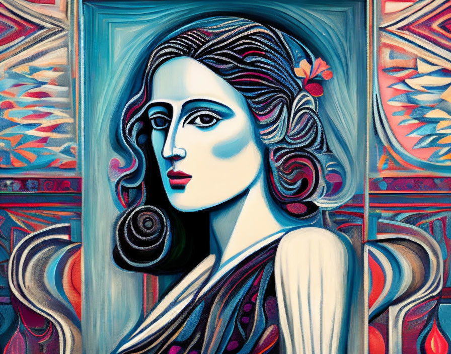 Vibrant Cubist-style portrait of a woman with stylized features and colorful background