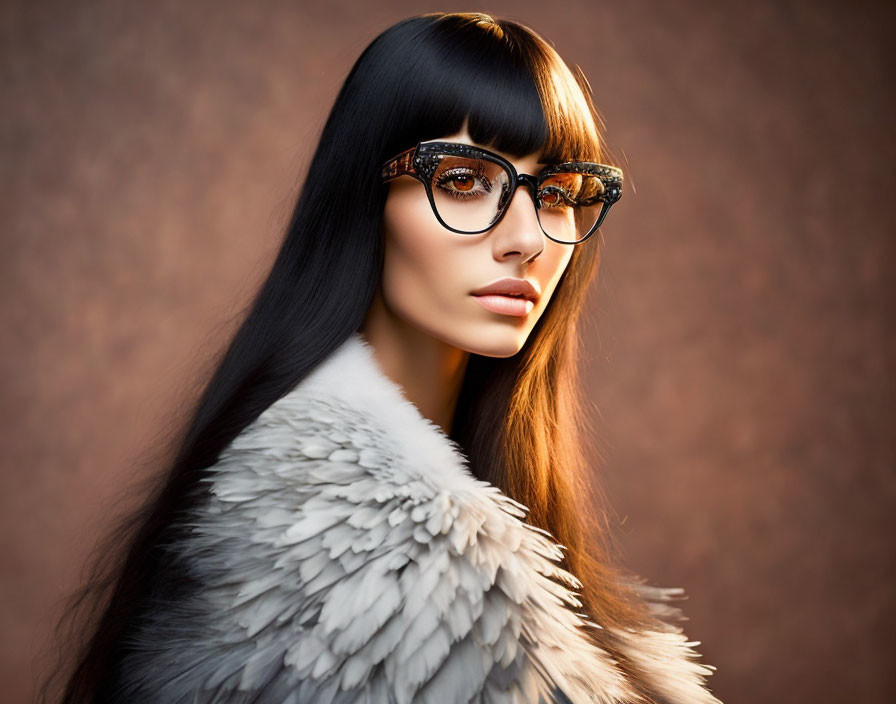 Sleek black hair woman in tortoiseshell glasses and feathered outfit on brown backdrop