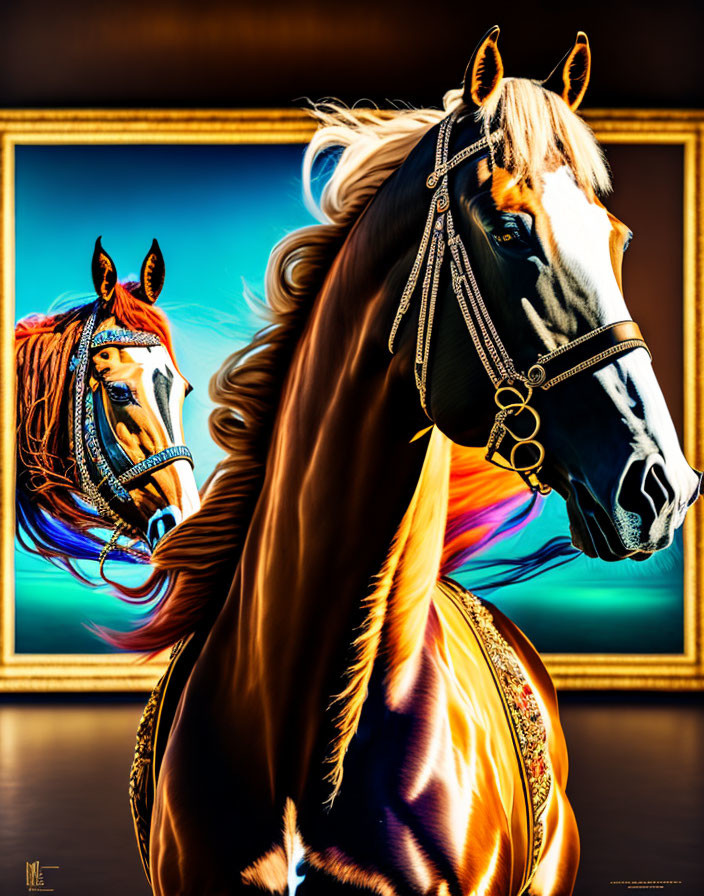 Majestic brown horse with flowing mane in digital artwork