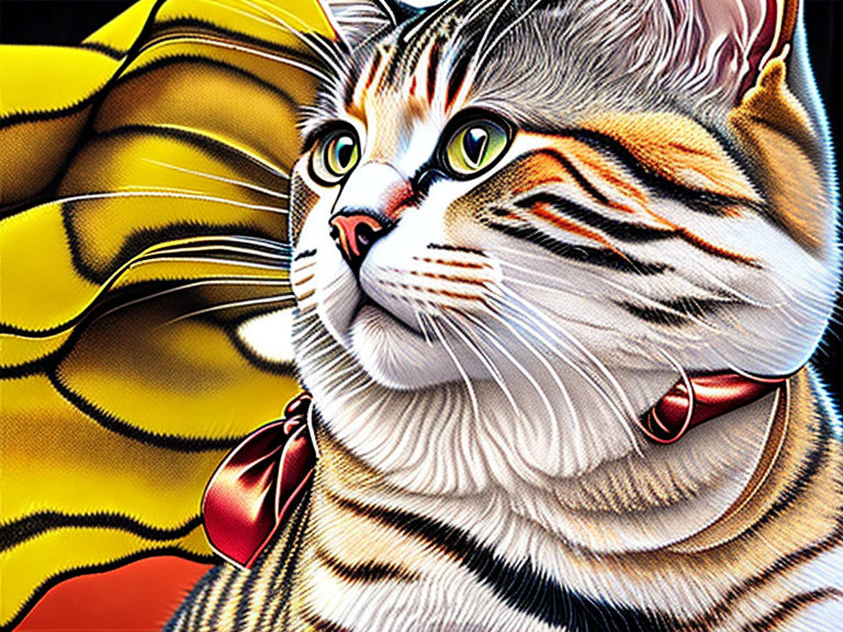 Vibrant digital artwork of tabby cat with expressive eyes on yellow-black background