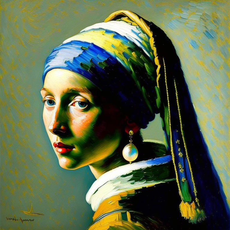 Woman Portrait with Blue and Yellow Headscarf and Pearl Earring