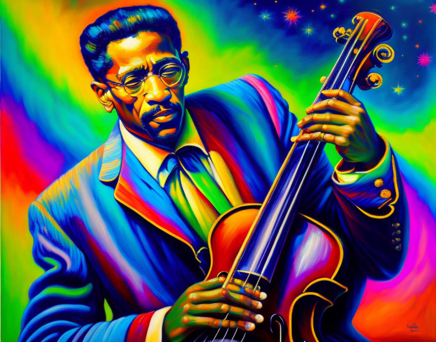 Colorful Painting: Man with Glasses Playing Double Bass